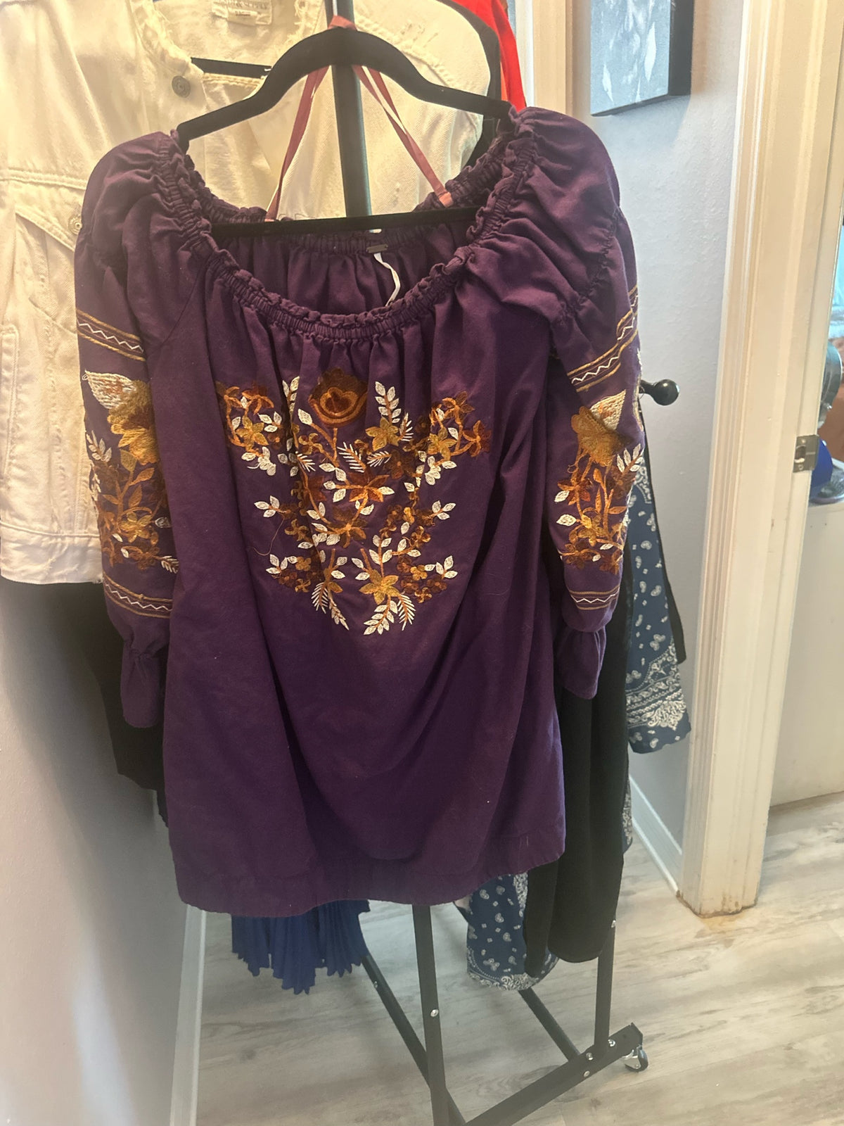 Purple Floral Embroidered Peasant Top