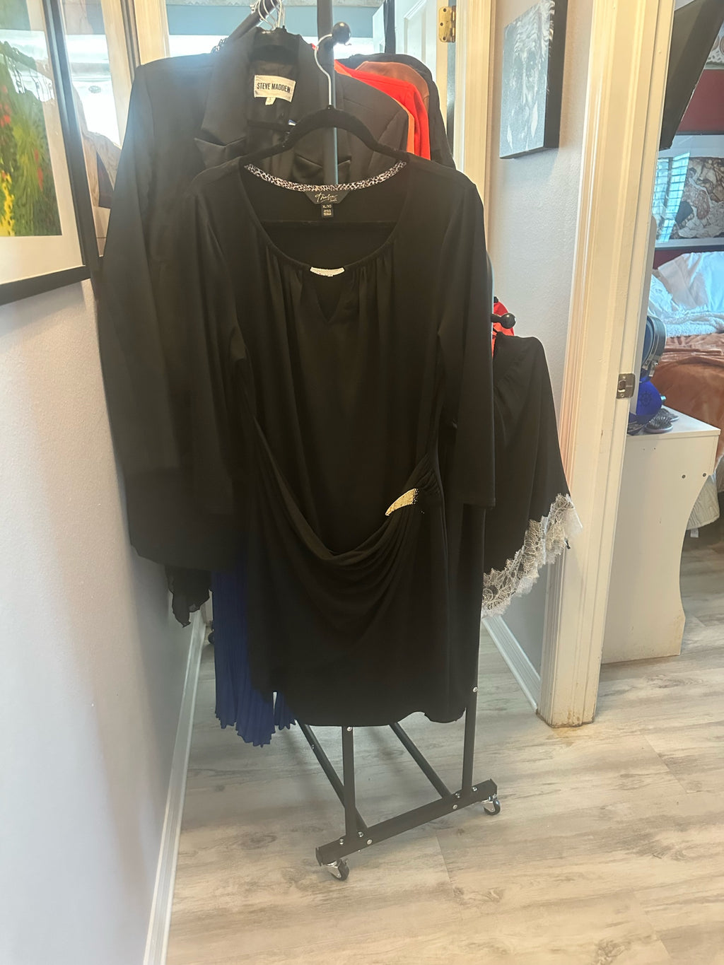 Black Long-Sleeved Draped Dress