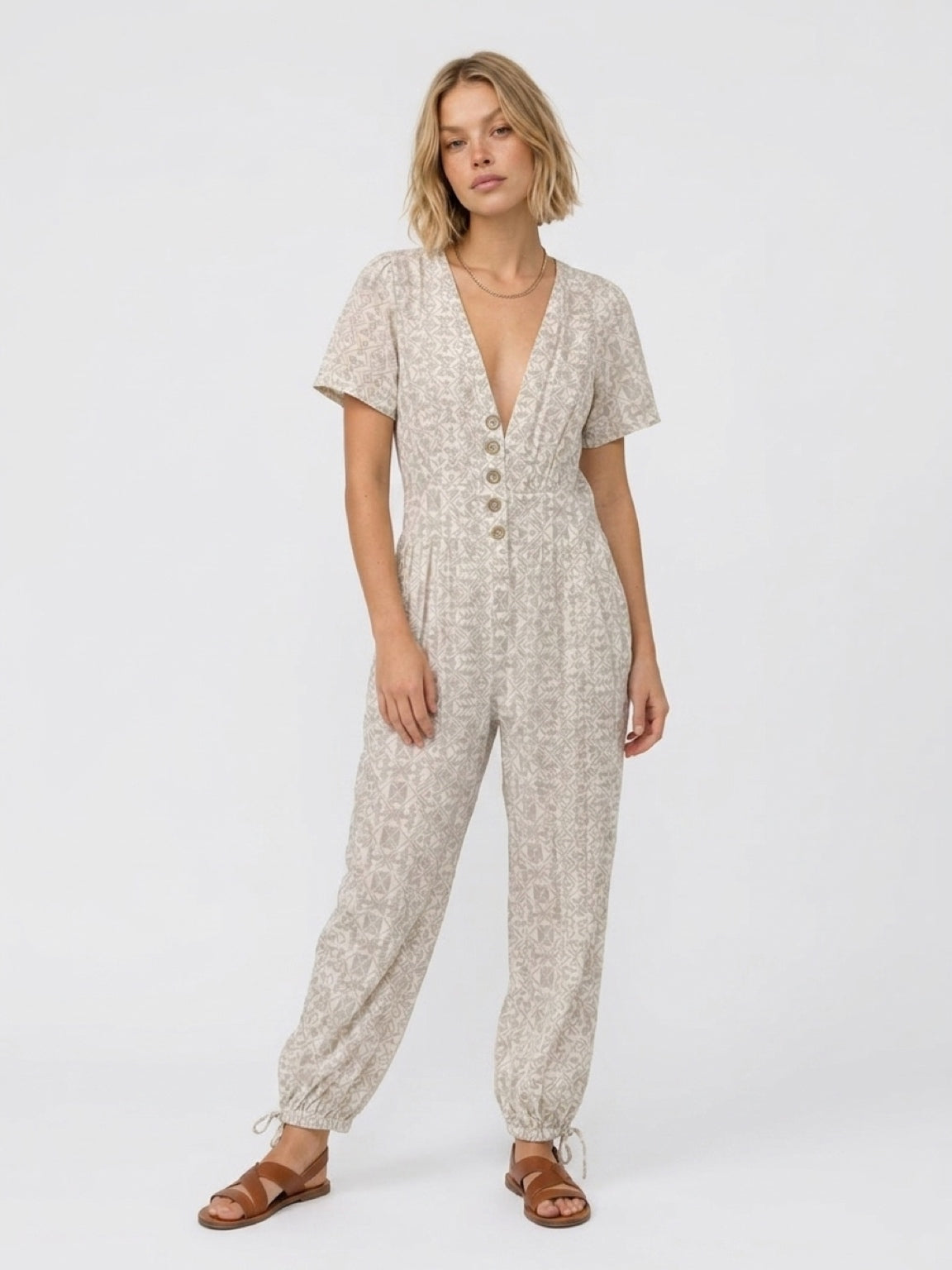 Cream Geometric Print Short Sleeve Jumpsuit