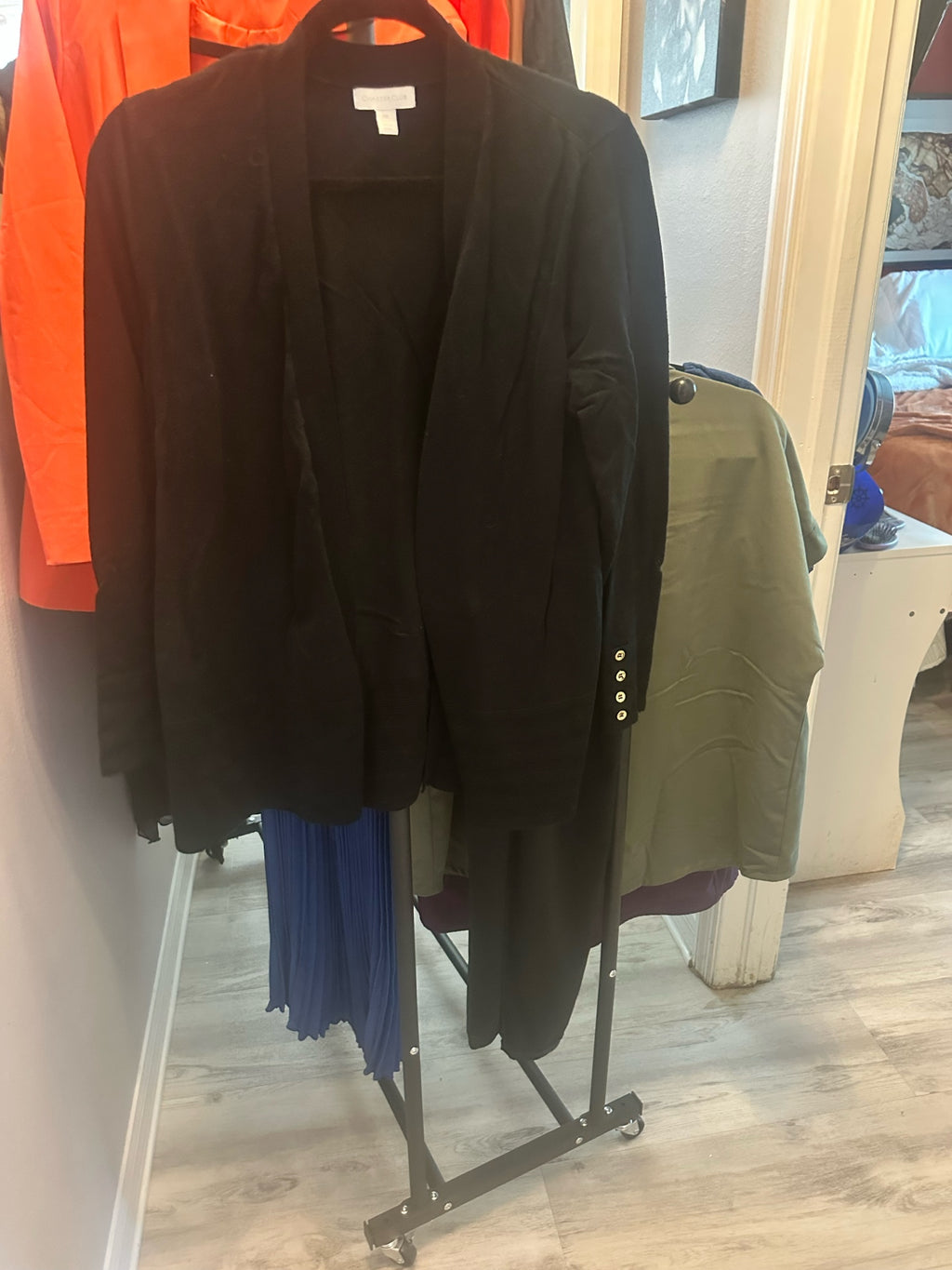 Black Open-Front Blazer with Gold Cuff Buttons