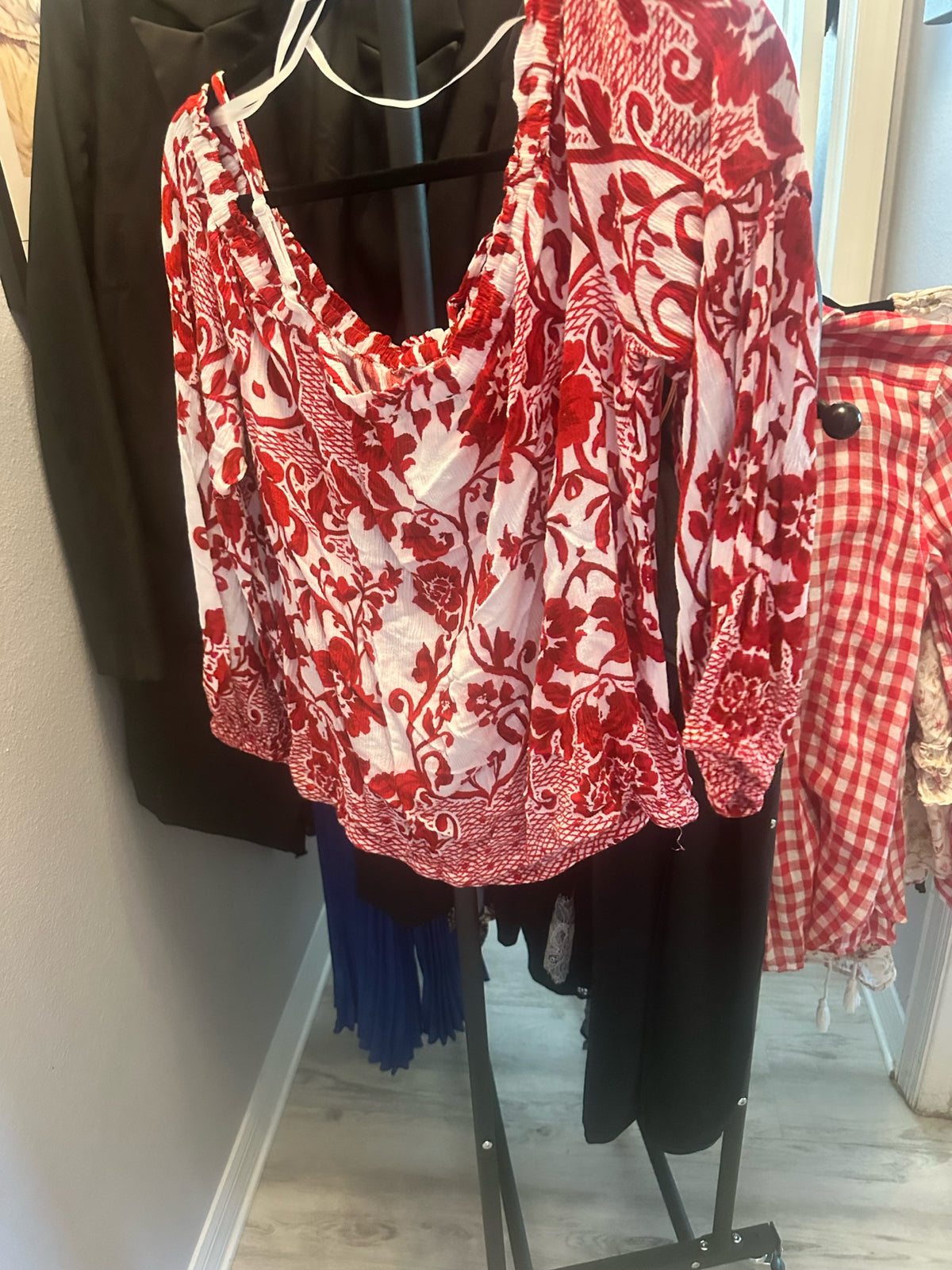 Red and White Floral Off-The-Shoulder Blouse