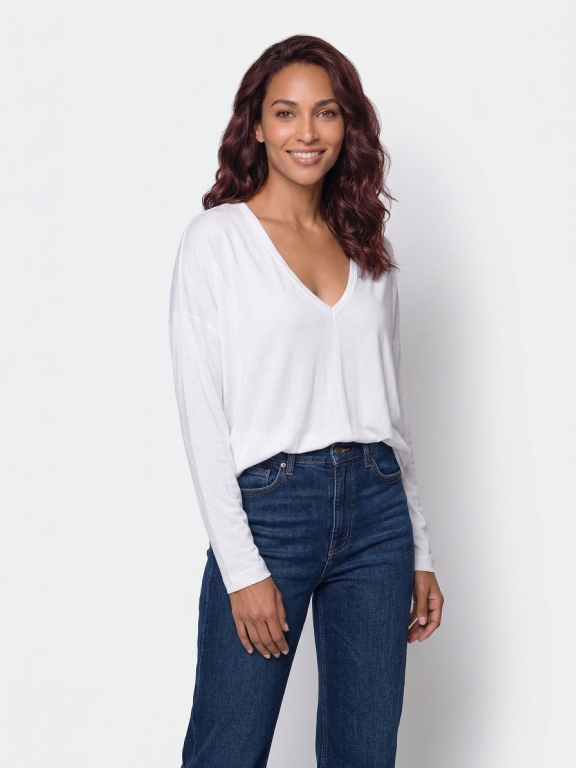 White Long-Sleeved V-Neck Top