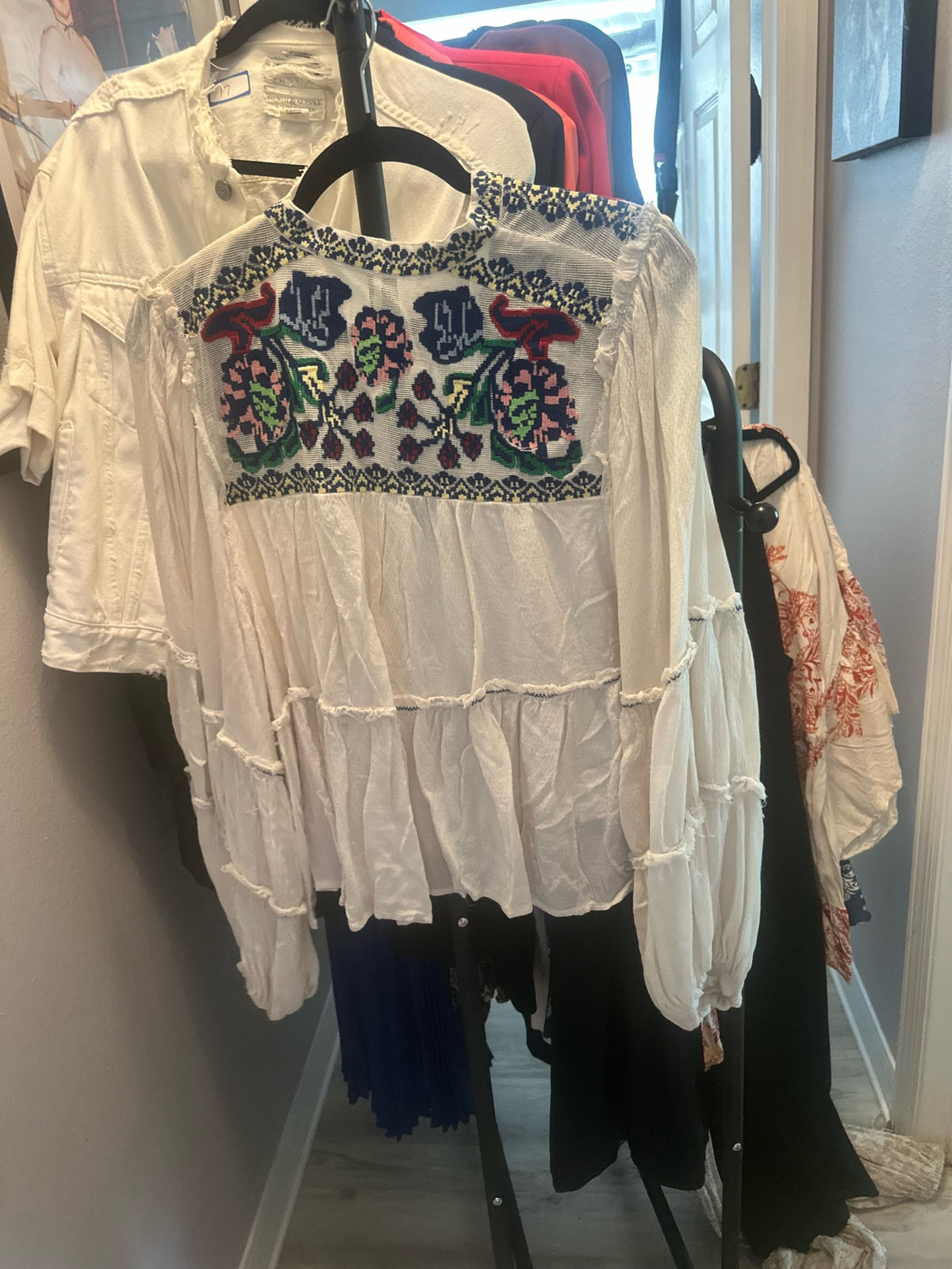 White Floral Embroidered Peasant Blouse