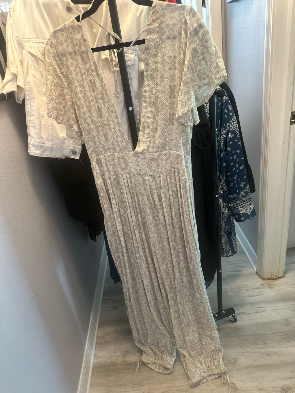 Free People Cream Geometric Print Jumpsuit