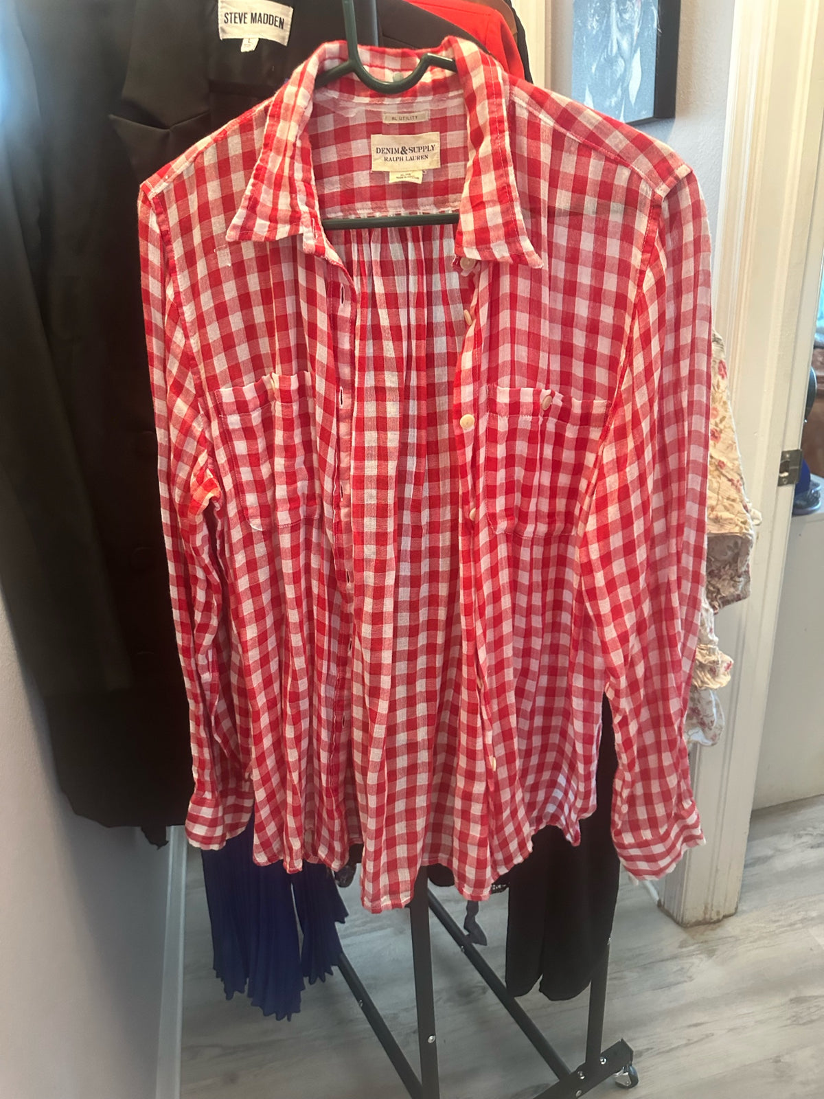Red and White Gingham Button-Down Shirt