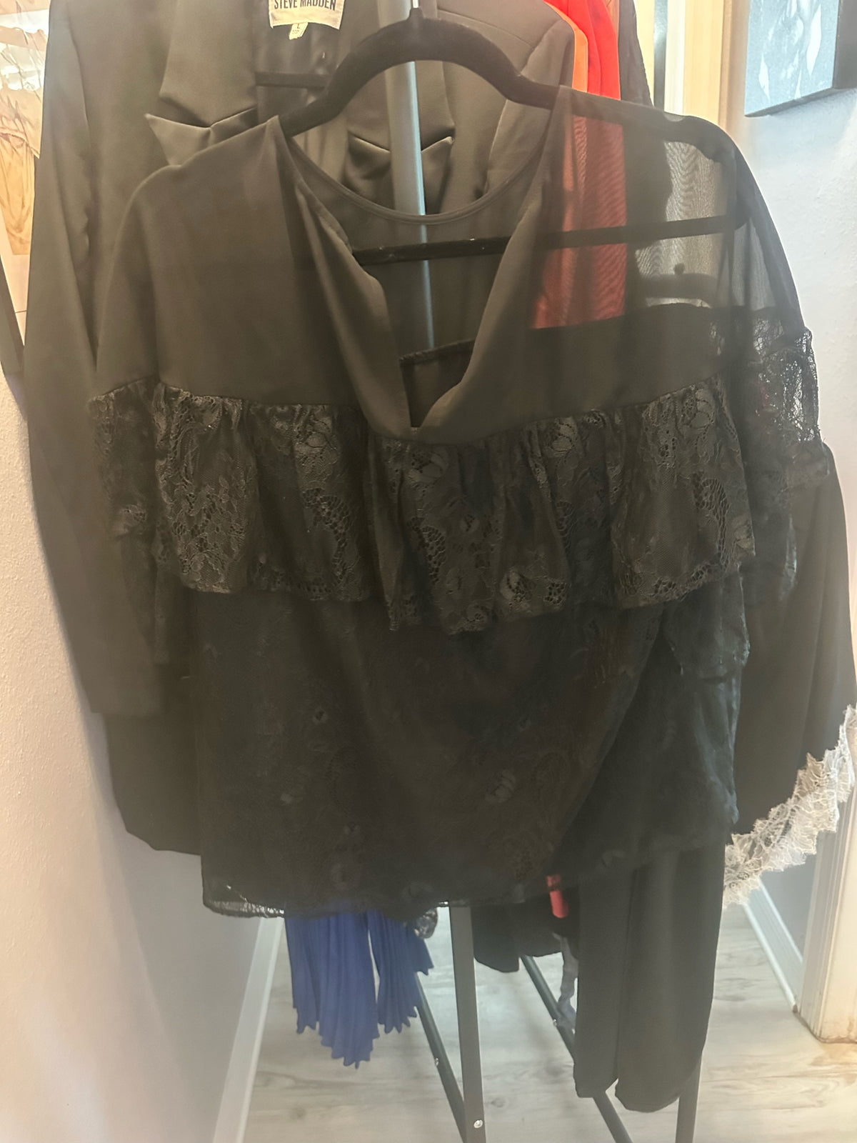 Black Lace and Mesh Ruffle Top