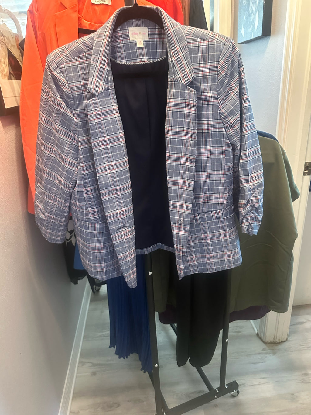 Blue Plaid Ruched Sleeve Blazer