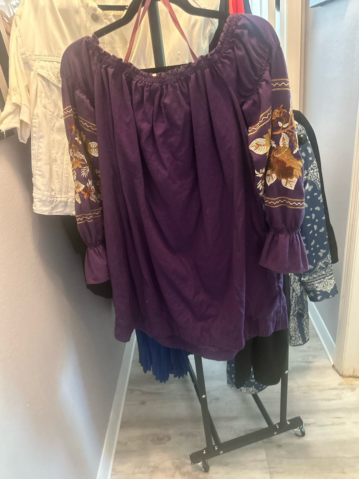 Free People Purple Embroidered Off-the-Shoulder Tunic
