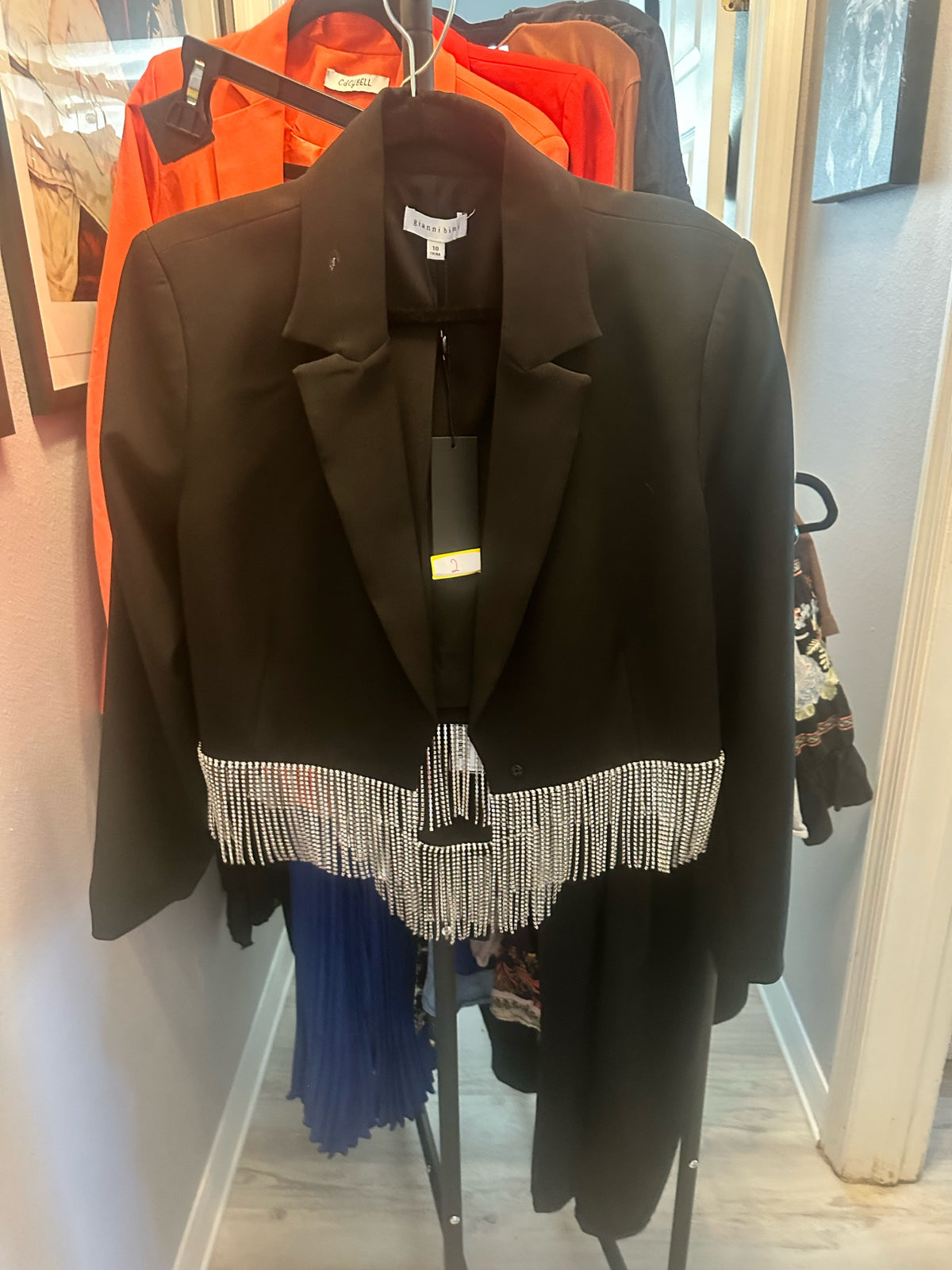 Black Cropped Blazer with Rhinestone Fringe