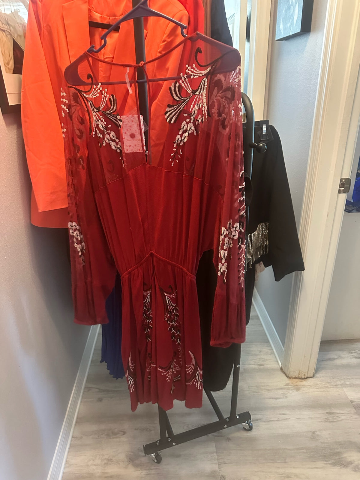 Red Embroidered Long Sleeve Mini Dress