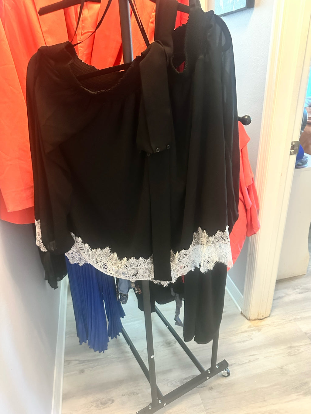 Black Off-The-Shoulder Top with White Lace Trim
