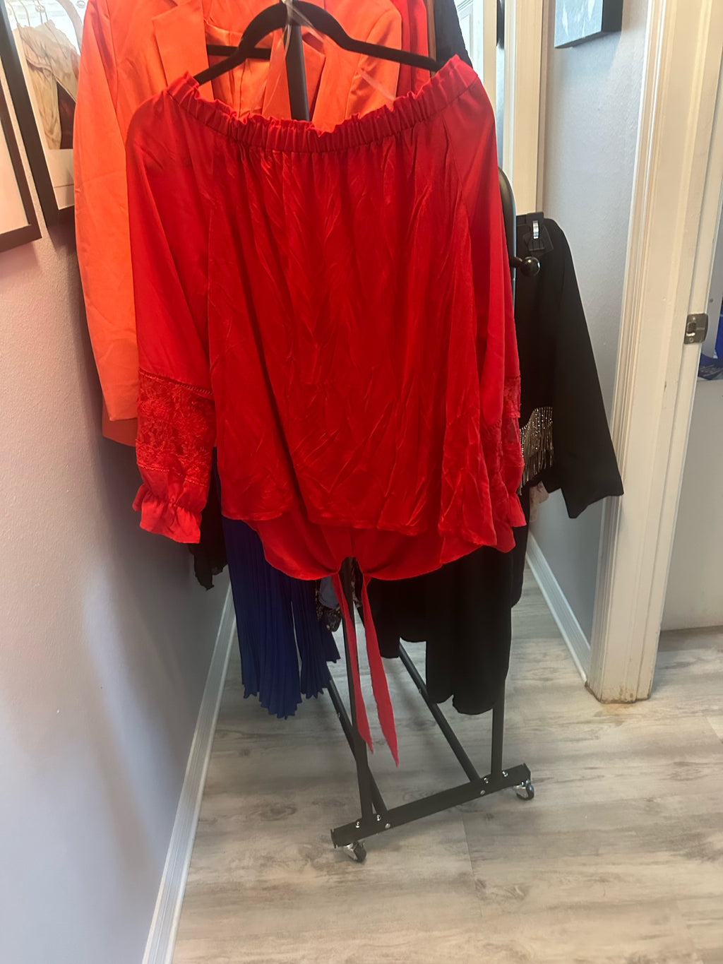 Red Off-The-Shoulder Lace Sleeve Tie-Front Top