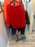 Red Off-The-Shoulder Lace Sleeve Tie-Front Top