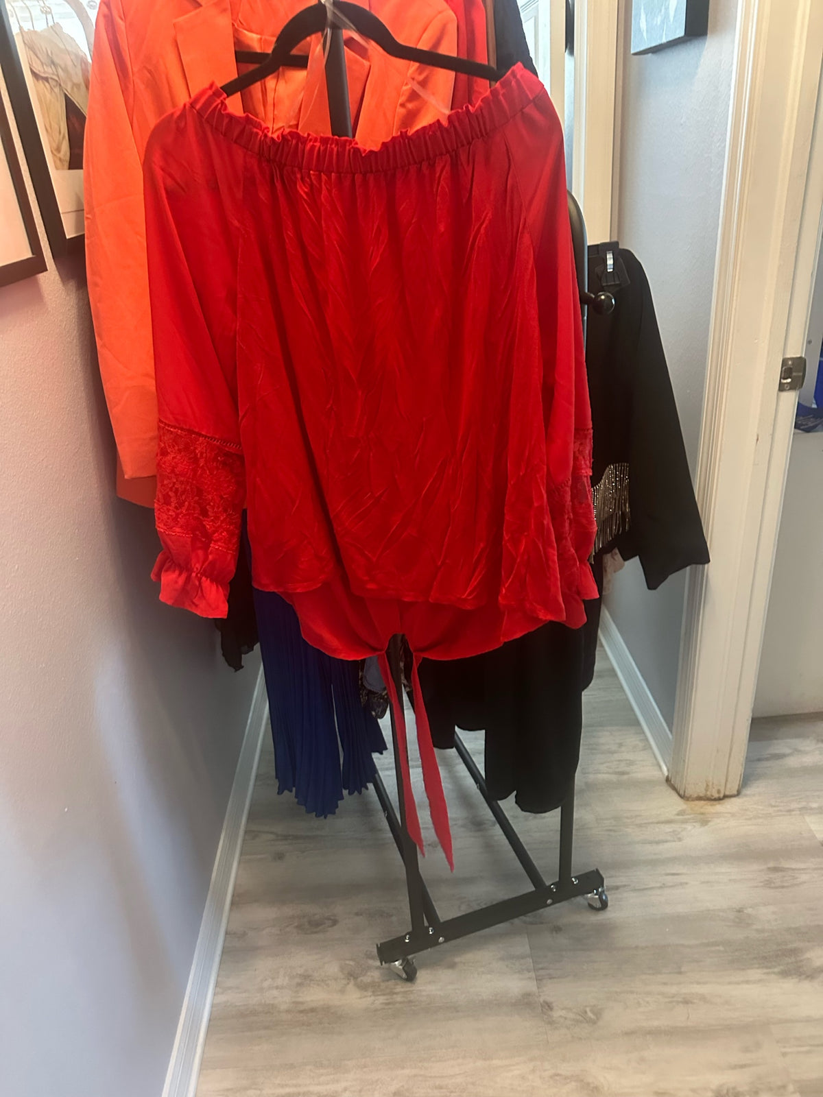Red Off-The-Shoulder Lace Sleeve Tie-Front Top