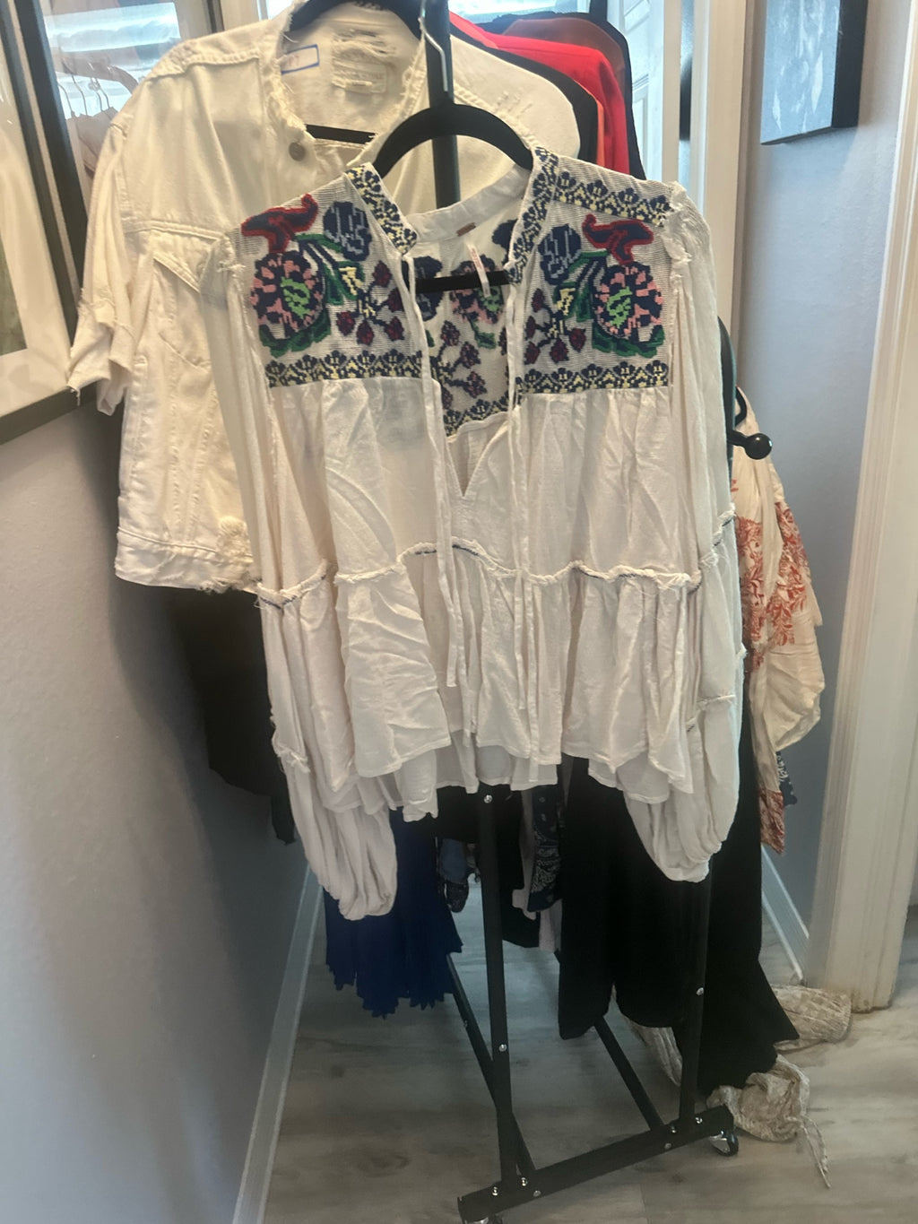 White Floral Embroidered Peasant Blouse