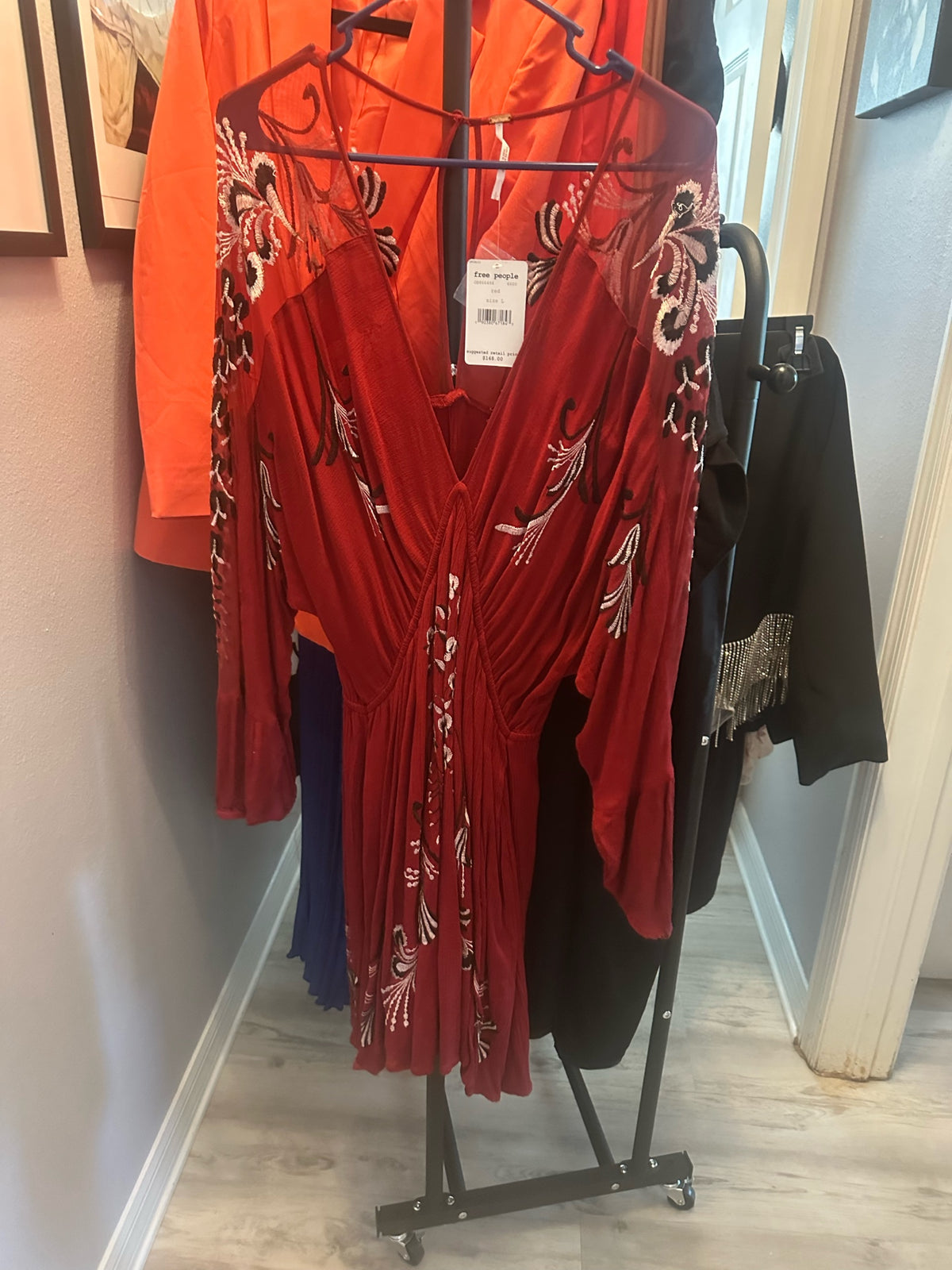 Red Embroidered Long Sleeve Dress