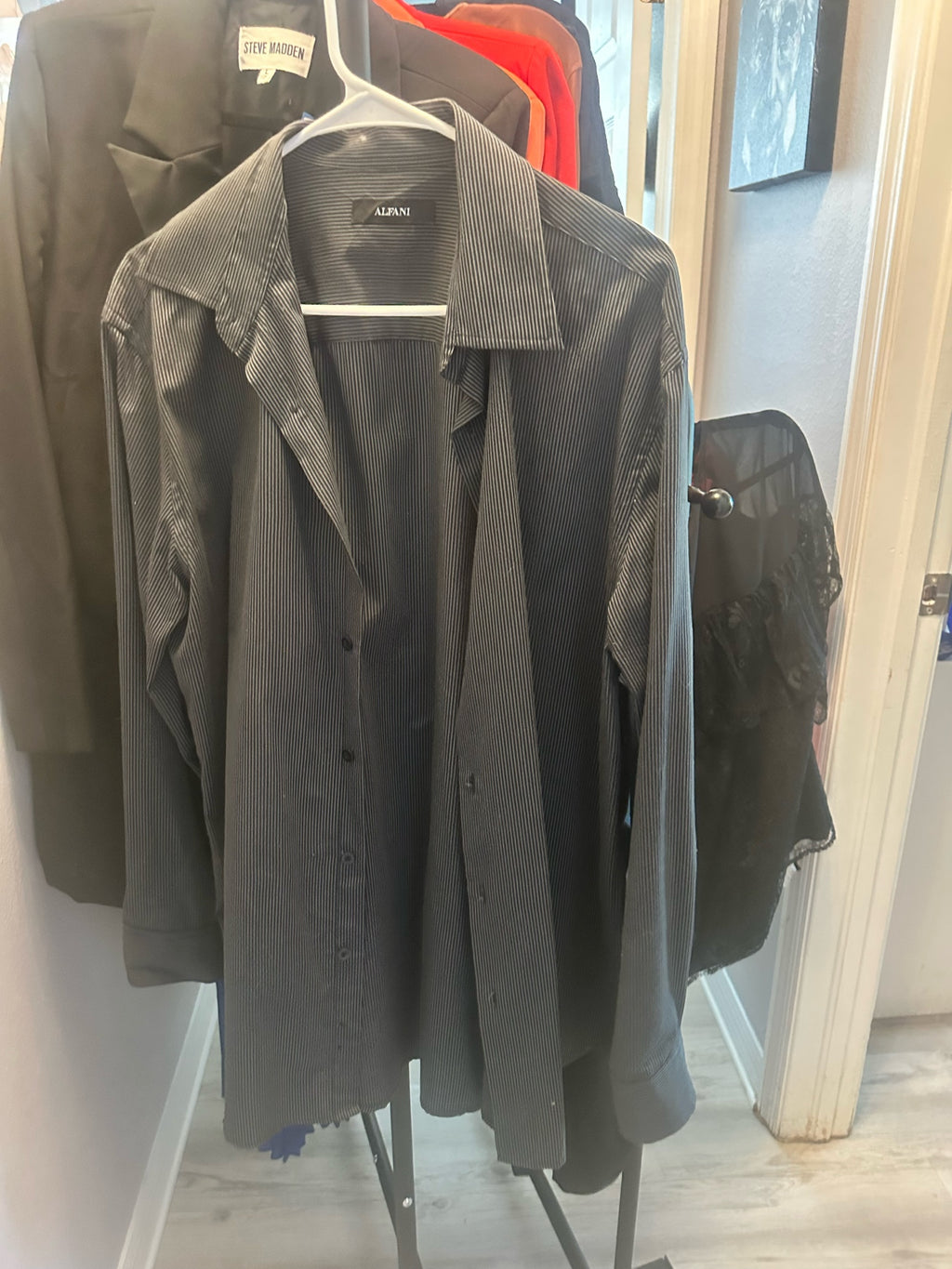 Dark Grey Pinstripe Long-Sleeve Button-Down Shirt